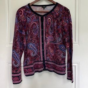 Talbots Long Sleeve Cardigan Jewel Toned Paisley Print LP Petites Navy Pink